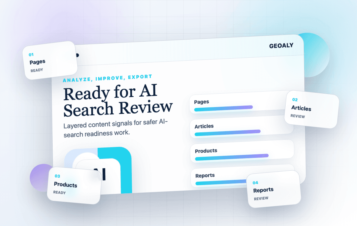 Geoaly final call-to-action visual with pages, articles, products, and report panels