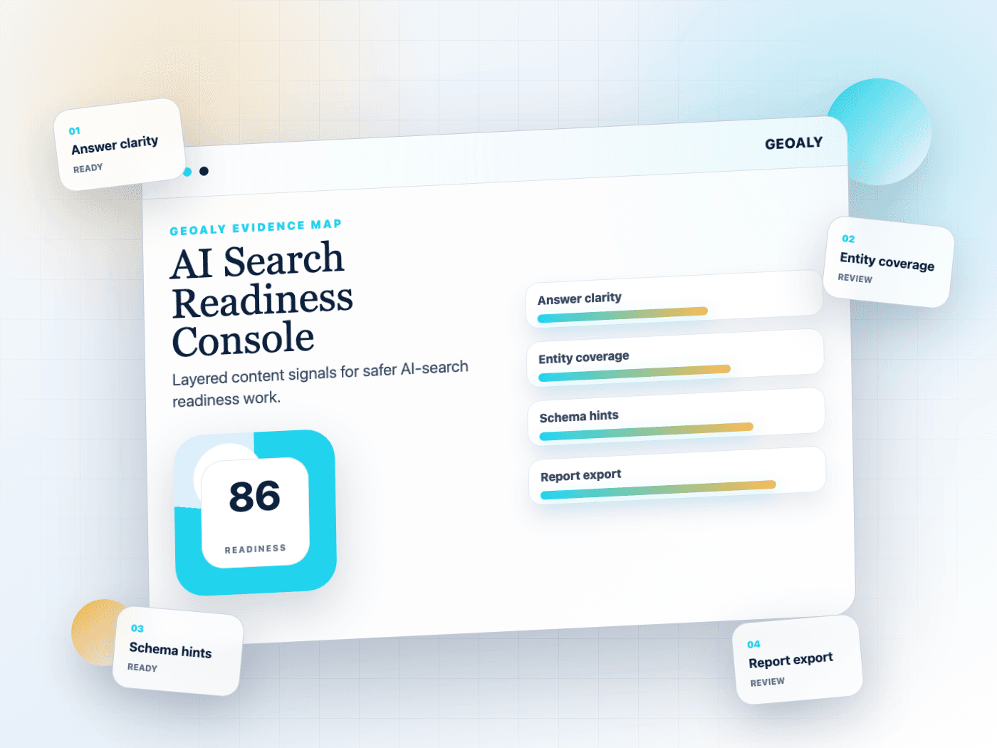 Geoaly AI search readiness console with evidence signals and report export panels
