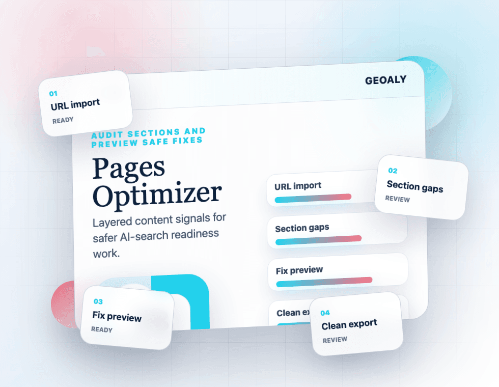 Geoaly Pages Optimizer scene with audit and fix preview panels